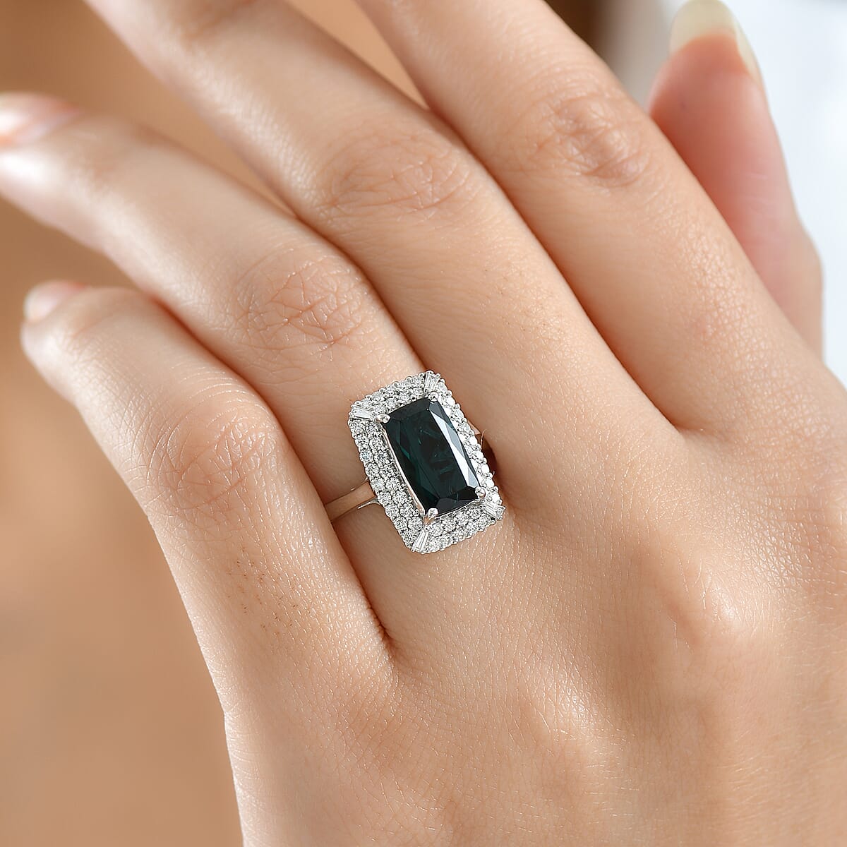 Certified & Appraised Rhapsody AAAA Monte Belo Indicolite and E-F VS Diamond 3.24 ctw Ring in 950 Platinum (Size 7.0) 7.25 Grams image number 2