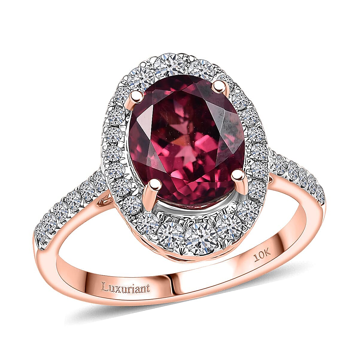 Certified & Appraised AAA Tanzanian Raspberry Garnet and Luxuriant Diamond G-H SI 4.03 ctw Ring in 10K Rose Gold image number 0