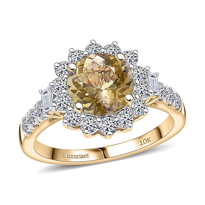 Certified & Appraised 10K Yellow Gold AAA Golden Tanzanite, Luxuriant Lab Grown Diamond (G-H, SI) (0.82 cts) Sunburst Halo Ring (Size 5.0) 2.81 ctw