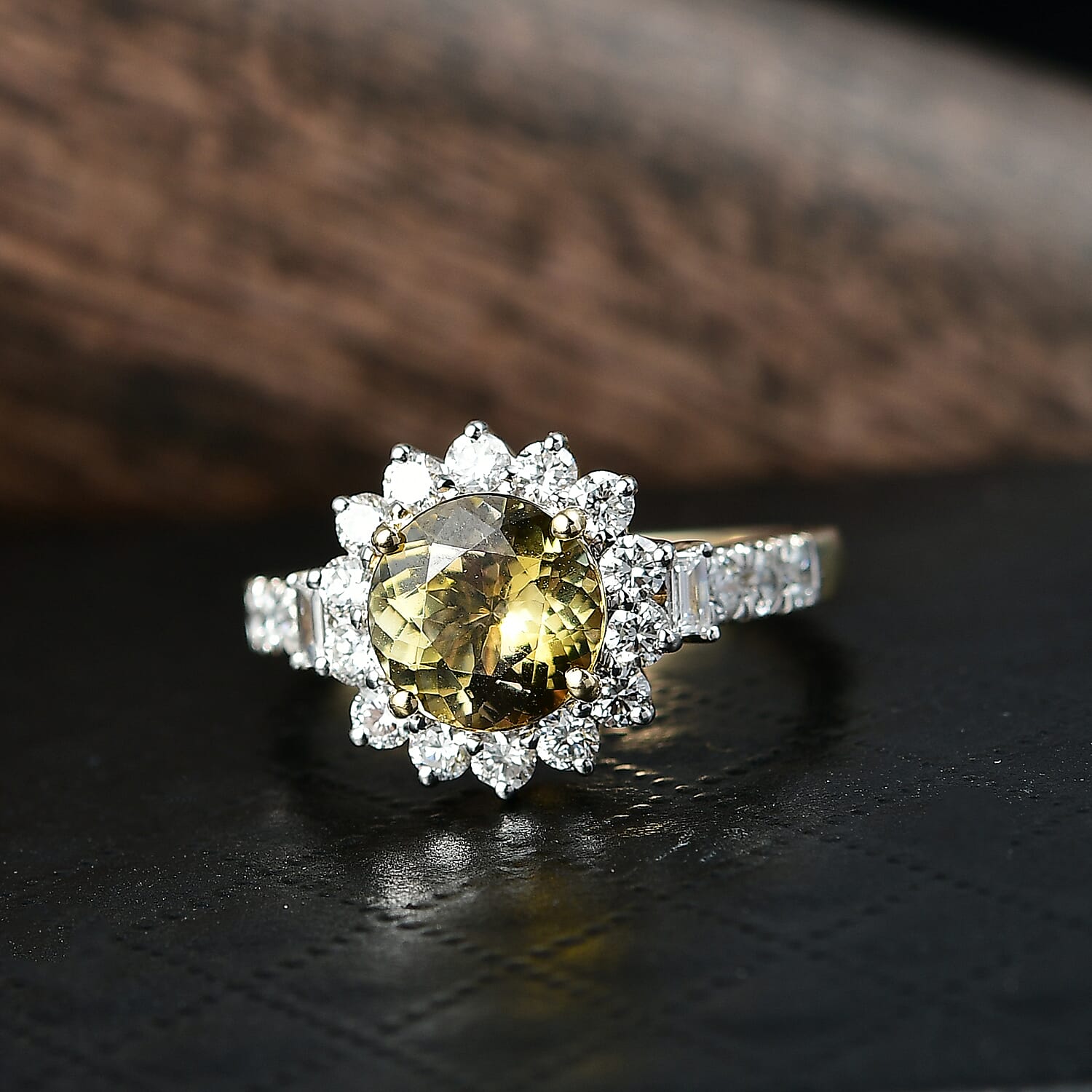 10K Yellow Gold AAA Natural Golden Tanzanite, Luxuriant Lab Grown Diamond (G-H, SI) (0.74 cts) Ring (Size 6.0) 3.00 ctw