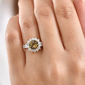  Certified & Appraised AAA Golden Tanzanite and Luxuriant Diamond G-H SI 2.80 ctw Sunburst Halo Ring in 10K Yellow Gold (Size 9.0)