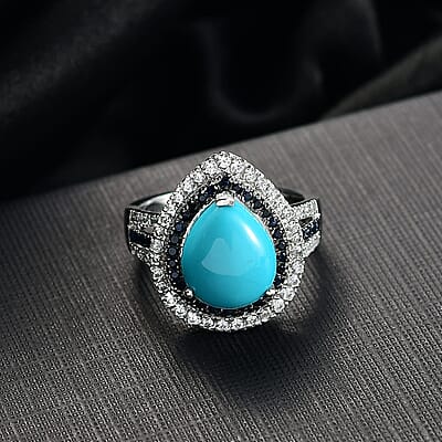 D'Joy Sleeping Beauty Turquoise, Multi Gemstone Ring in Rhodium Over Sterling Silver 5.00 ctw (Size 10.0)