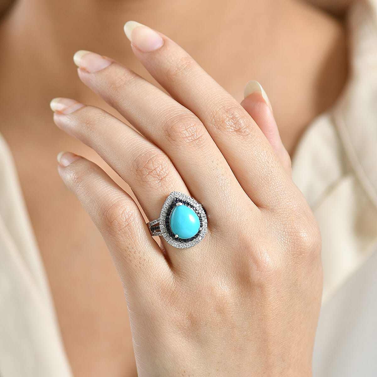 D'Joy Sleeping Beauty Turquoise and Multi Gemstone 5.00 ctw Crown Drop Ring in Rhodium Over Sterling Silver (Size 7.0) image number 2