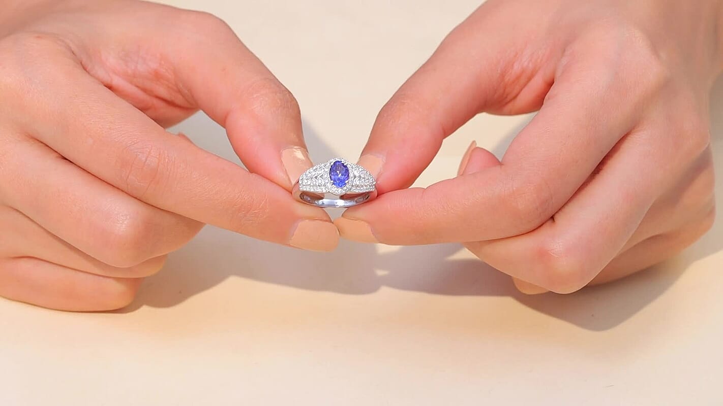 D'Joy AAA Tanzanite, Moissanite Ring in Rhodium Over Sterling Silver (Size 10.0) 1.30 ctw