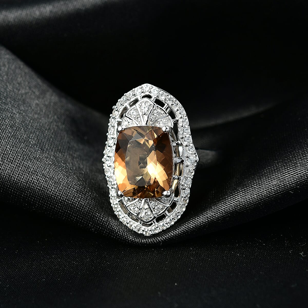 D'Joy Premium Marialite and White Zircon 5.65 ctw Art Deco Ring in Rhodium Over Sterling Silver (Size 10.0) image number 1