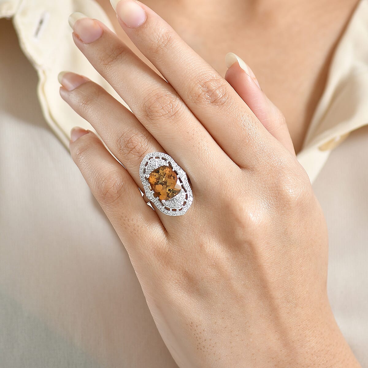 D'Joy Premium Marialite and White Zircon 5.65 ctw Art Deco Ring in Rhodium Over Sterling Silver (Size 10.0) image number 2