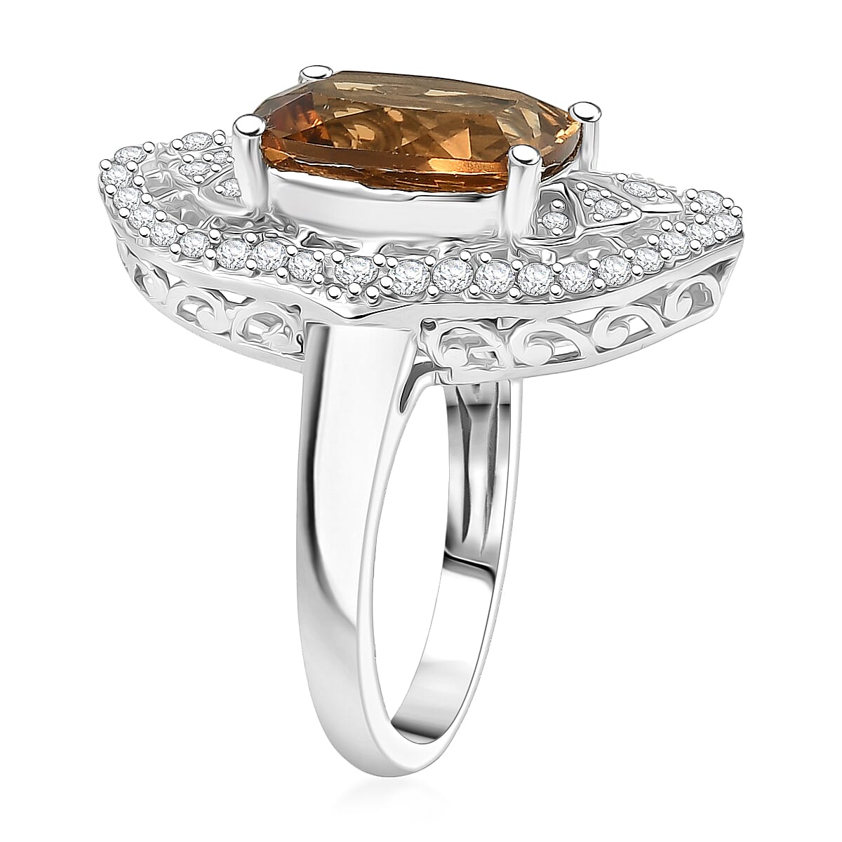 D'Joy Premium Marialite and White Zircon 5.65 ctw Art Deco Ring in Rhodium Over Sterling Silver (Size 10.0) image number 3