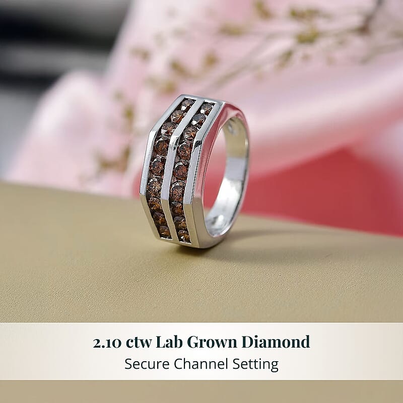 Luxuriant Lab Grown Red Diamond (IR) SI 2.10 ctw Scarlet Edge Band Men's Ring in Rhodium Over Sterling Silver (Size 11.0)