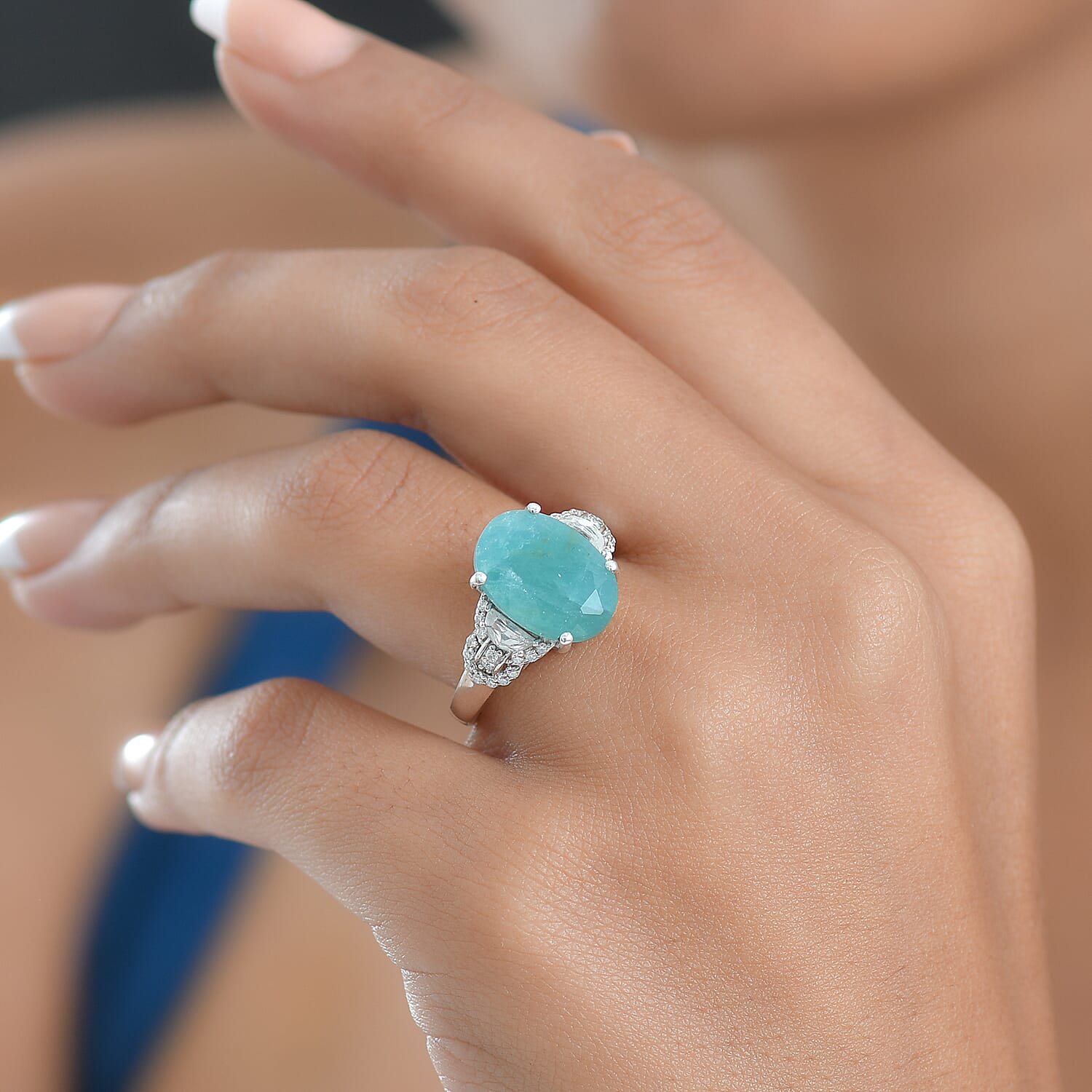 D'Joy Premium Grandidierite and White Zircon 7.50 ctw Art Deco Elegance Ring in Rhodium Over Sterling Silver (Size 7.0)