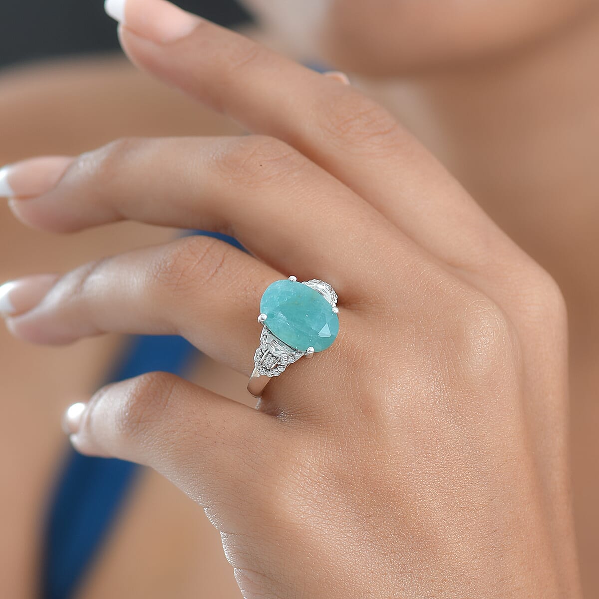 D'Joy Premium Grandidierite and White Zircon 7.50 ctw Art Deco Elegance Ring in Rhodium Over Sterling Silver (Size 7.0) image number 2