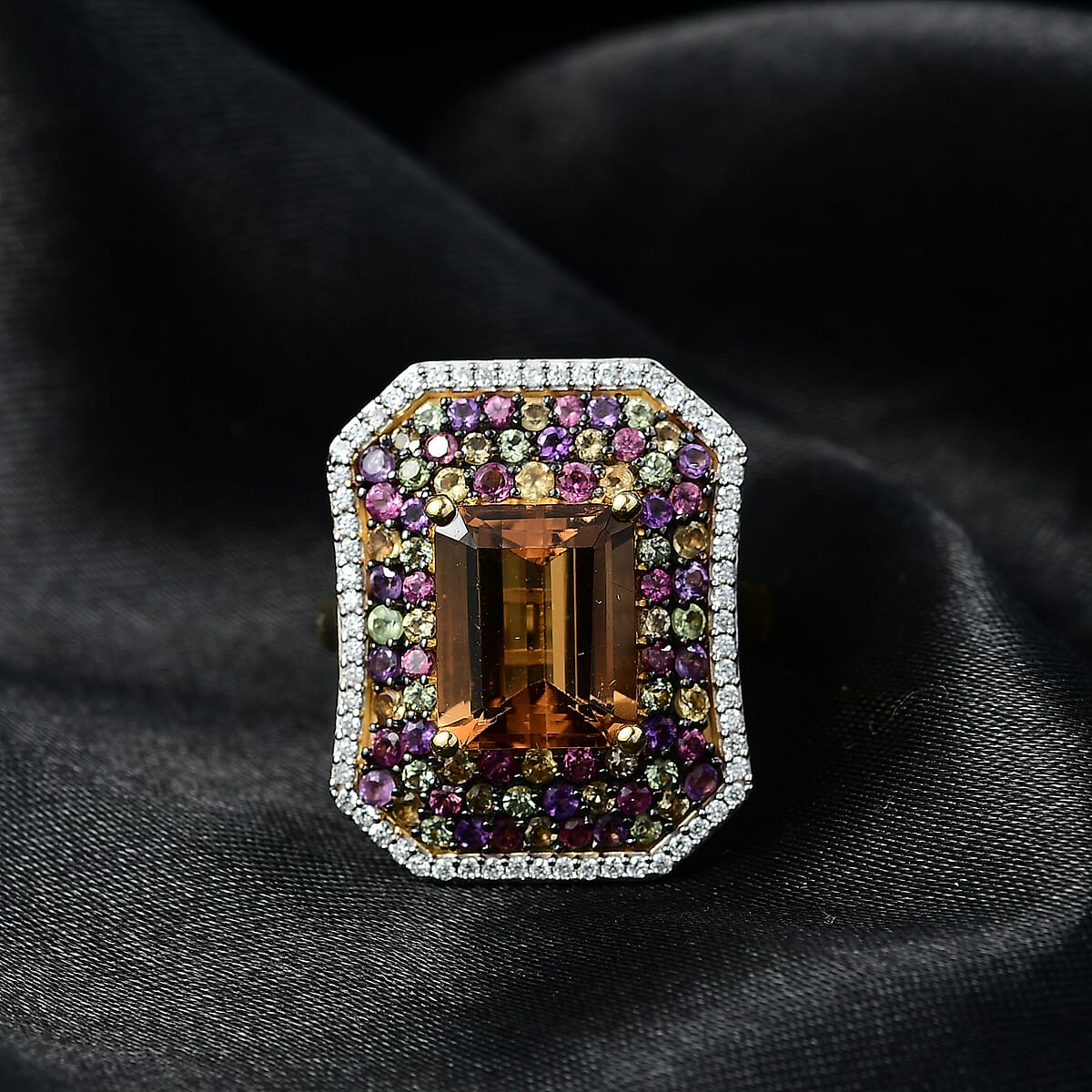 D'Joy Premium Marialite and Multi Gemstone 6.20 ctw Art Deco Ring in 18K Vermeil Yellow Gold Over Sterling Silver (Size 6.0) image number 1