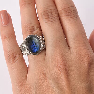 EverTrue Malagasy Labradorite, Simulated Diamond Ring in Stainless Steel (Size 11.0) 10.80 ctw