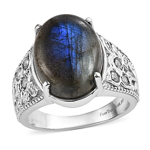 EverTrue Malagasy Labradorite, Simulated Diamond Ring in Stainless Steel (Size 6.0) 10.80 ctw