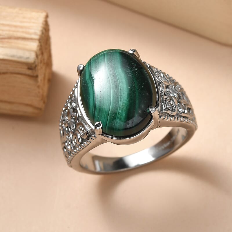 EverTrue African Malachite, Simulated Diamond Ring in Stainless Steel (Size 6.0) 12.90 ctw
