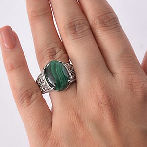 EverTrue African Malachite, Simulated Diamond Ring in Stainless Steel (Size 6.0) 12.90 ctw