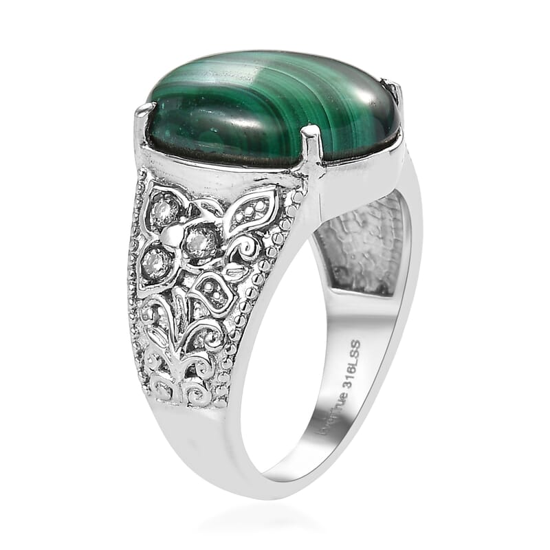 EverTrue African Malachite, Simulated Diamond Ring in Stainless Steel (Size 6.0) 12.90 ctw
