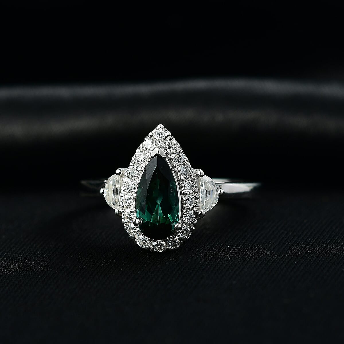 D'Joy AAA Pirineu Lagoon Tourmaline, Moissanite Ring in Rhodium Over Sterling Silver (Size 10.0) 1.50 ctw image number 1