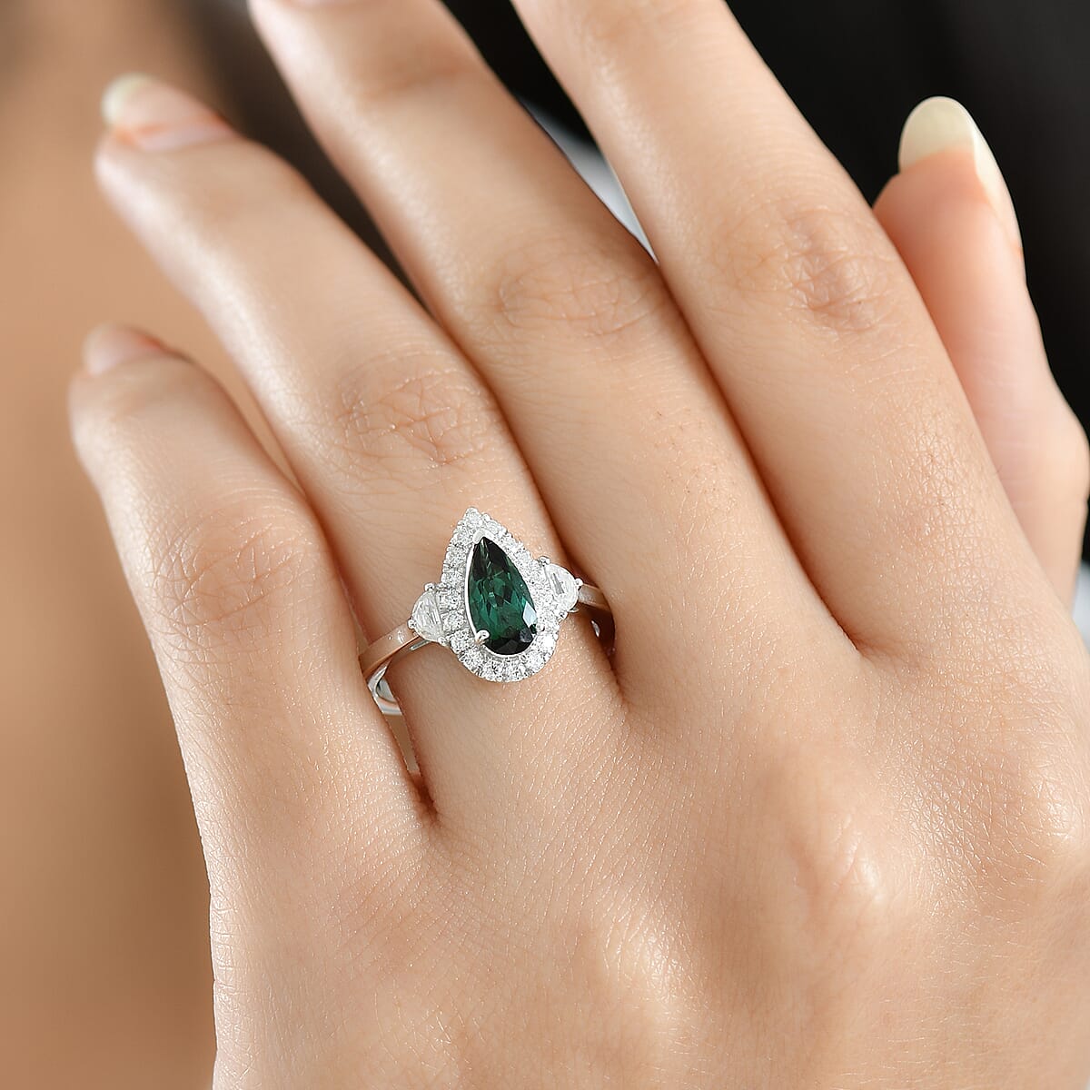 Doorbuster D'Joy AAA Pirineu Lagoon Tourmaline and Moissanite 1.50 ctw Ring in Rhodium Over Sterling Silver (Size 9.0) image number 2