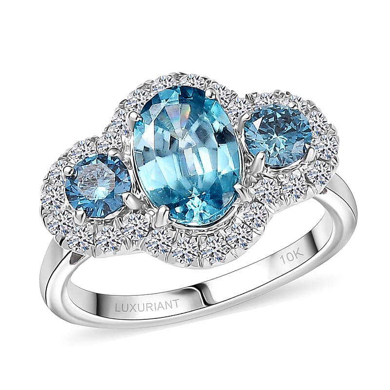 Certified & Appraised AAA Cambodian Blue Zircon and Luxuriant Blue and White Diamond SI 3.00 ctw Azure Tide Ring in 10K White Gold (Size 10.0)