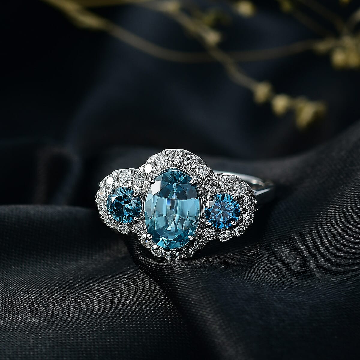  Certified & Appraised AAA Cambodian Blue Zircon and Luxuriant Blue and White Diamond SI 3.00 ctw Azure Tide Ring in 10K White Gold (Size 6.0) image number 1