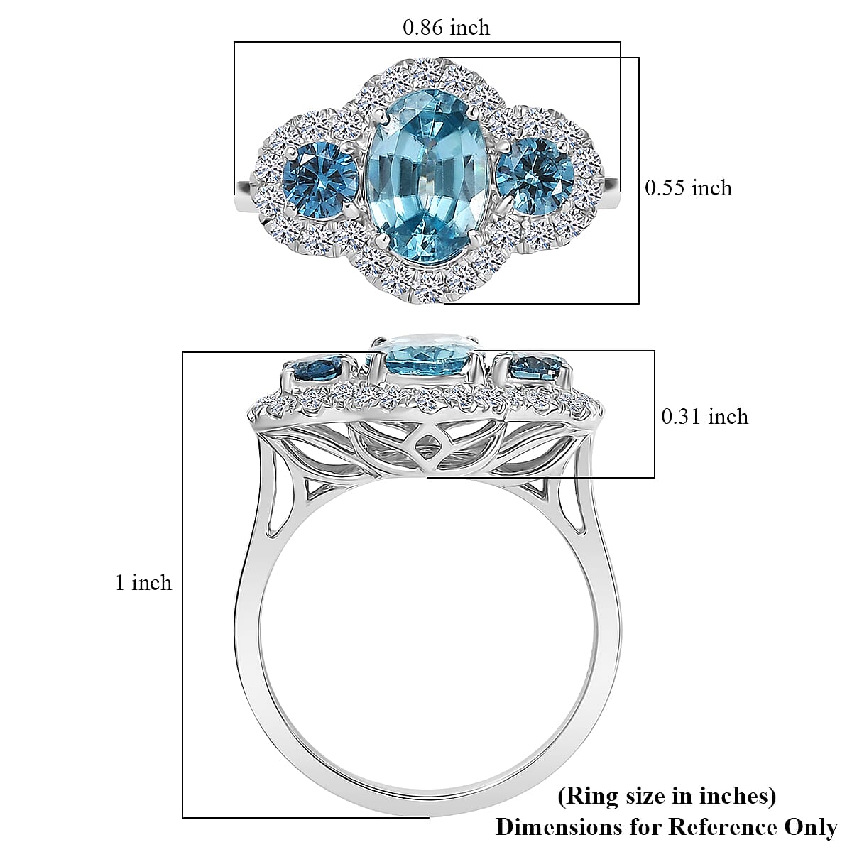  Certified & Appraised AAA Cambodian Blue Zircon and Luxuriant Blue and White Diamond SI 3.00 ctw Azure Tide Ring in 10K White Gold (Size 6.0) image number 5