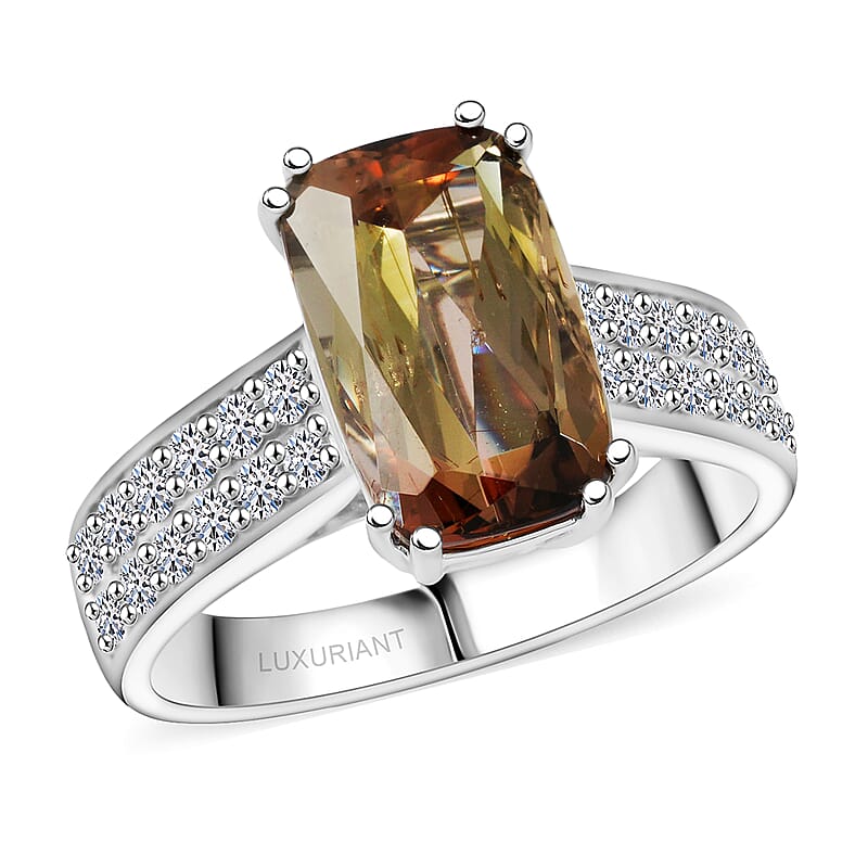 Certified & Appraised AAAA Jenipapo Andalusite and Luxuriant Lab Grown Diamond VS 4.05 ctw Ring in 10K White Gold (Size 9.0)