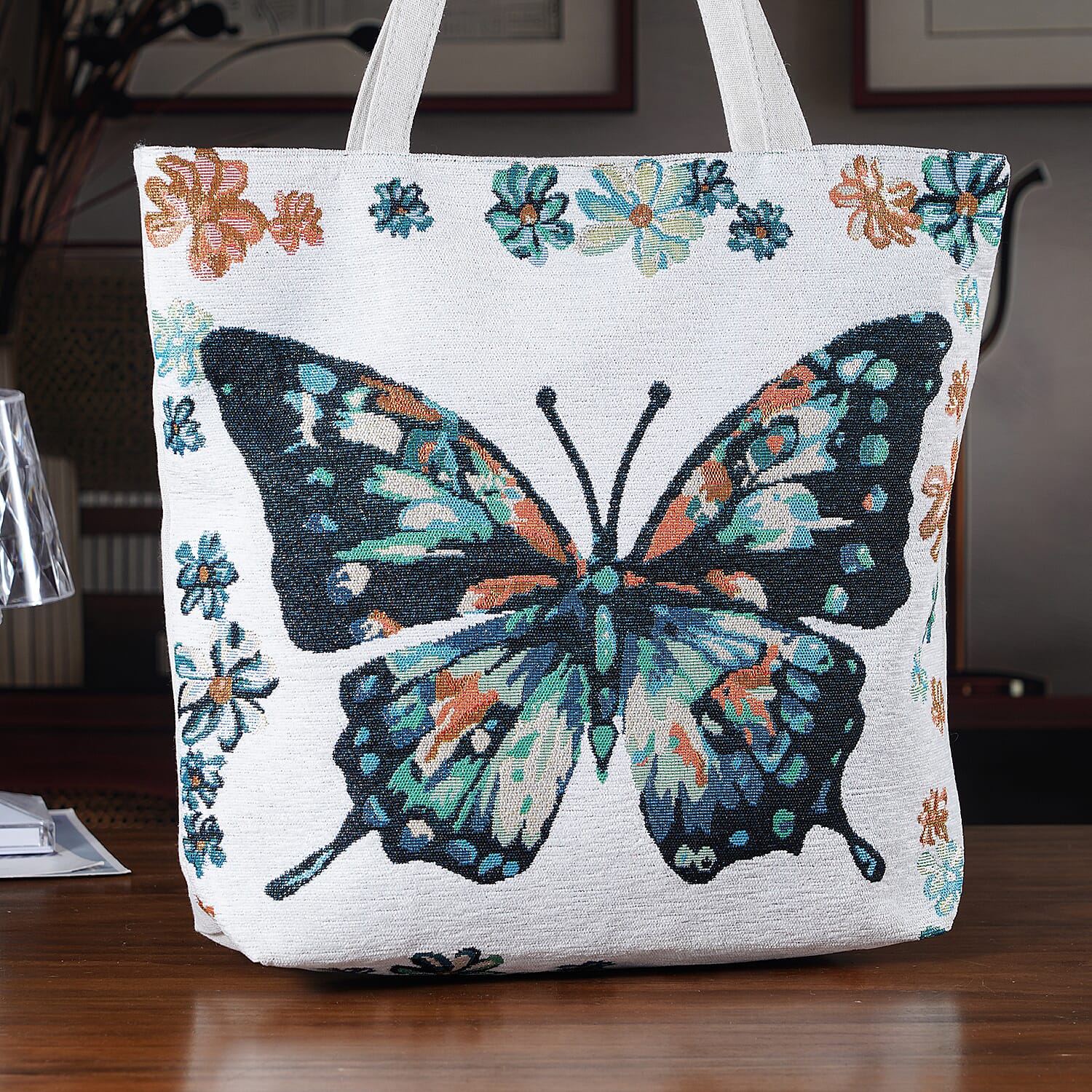 La Marey White Butterfly Design Tote Bag