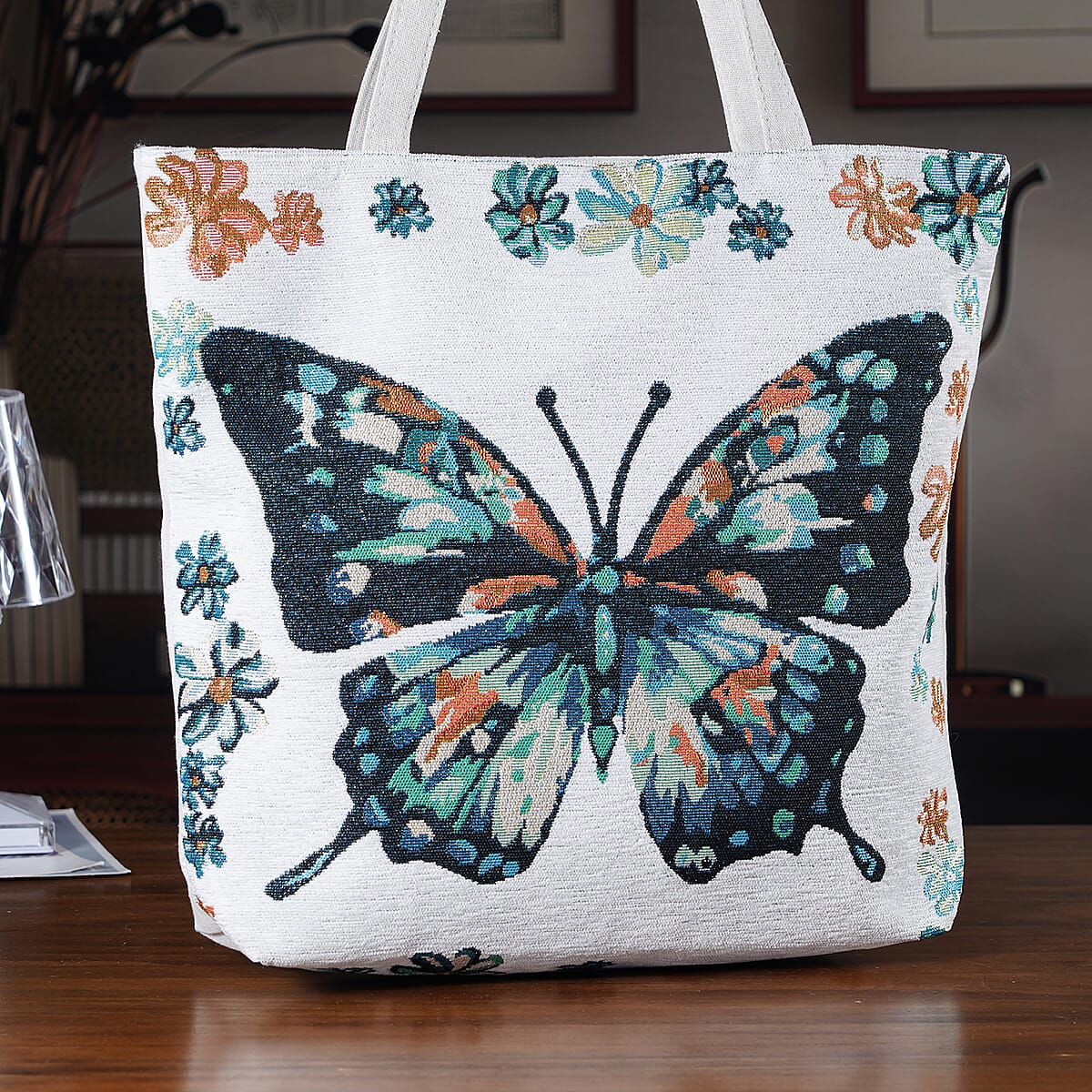 La Marey White Butterfly Design Tote Bag image number 1