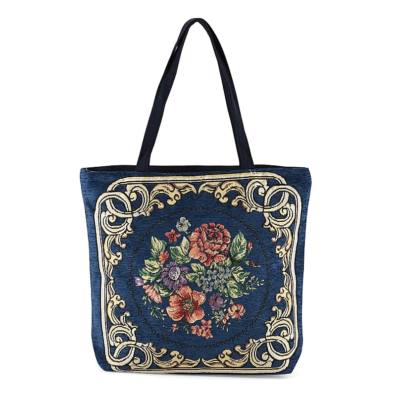 La Marey Navy Floral Pattern Tote Bag