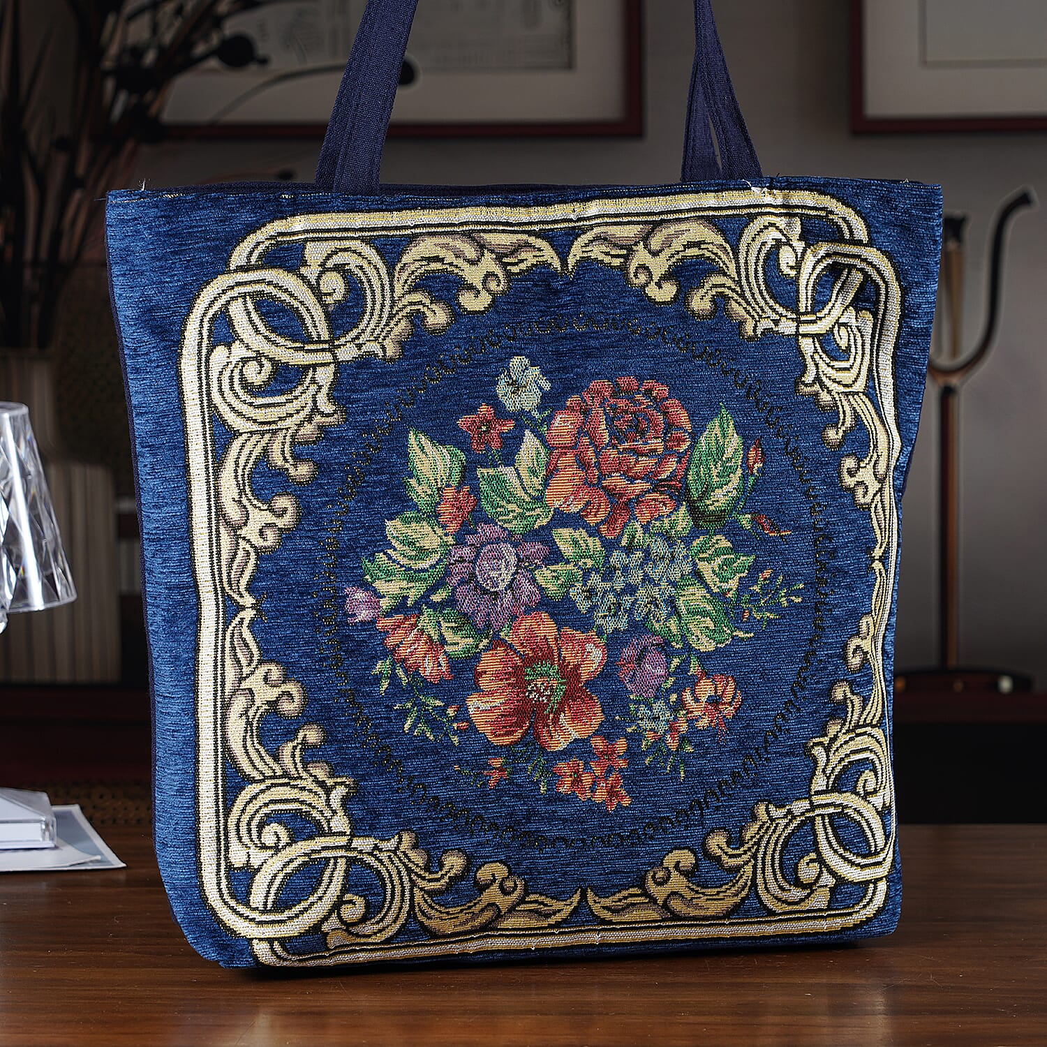 La Marey Navy Floral Pattern Tote Bag