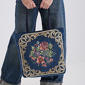 La Marey Navy Floral Pattern Tote Bag