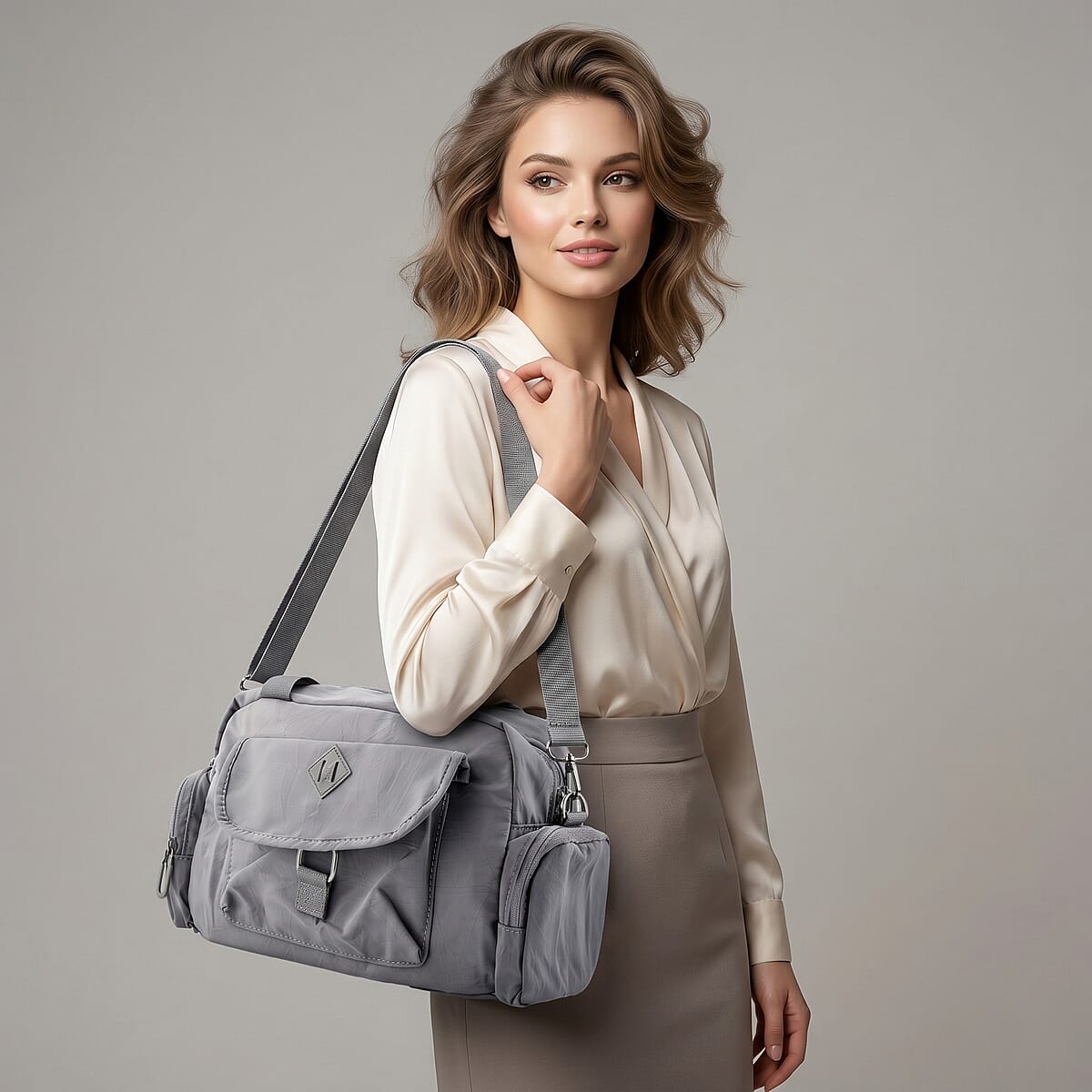 La Marey Gray Nylon Crossbody Bag with Shoulder Strap image number 2