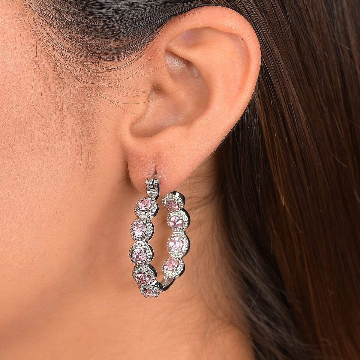 EverTrue Simulated Pink Diamond Earrings in Stainless Steel image number 2