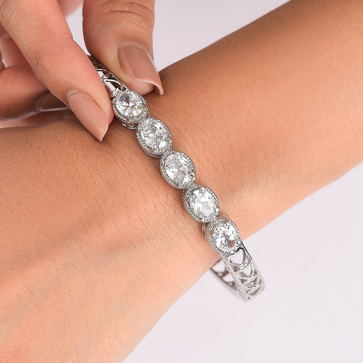 EverTrue Simulated Diamond Bangle Bracelet in Stainless Steel (7.25 In) image number 2