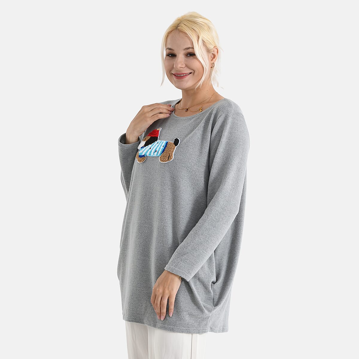 La Marey Grey Brushed Long Sleeve Top - One Size Fits Most image number 3