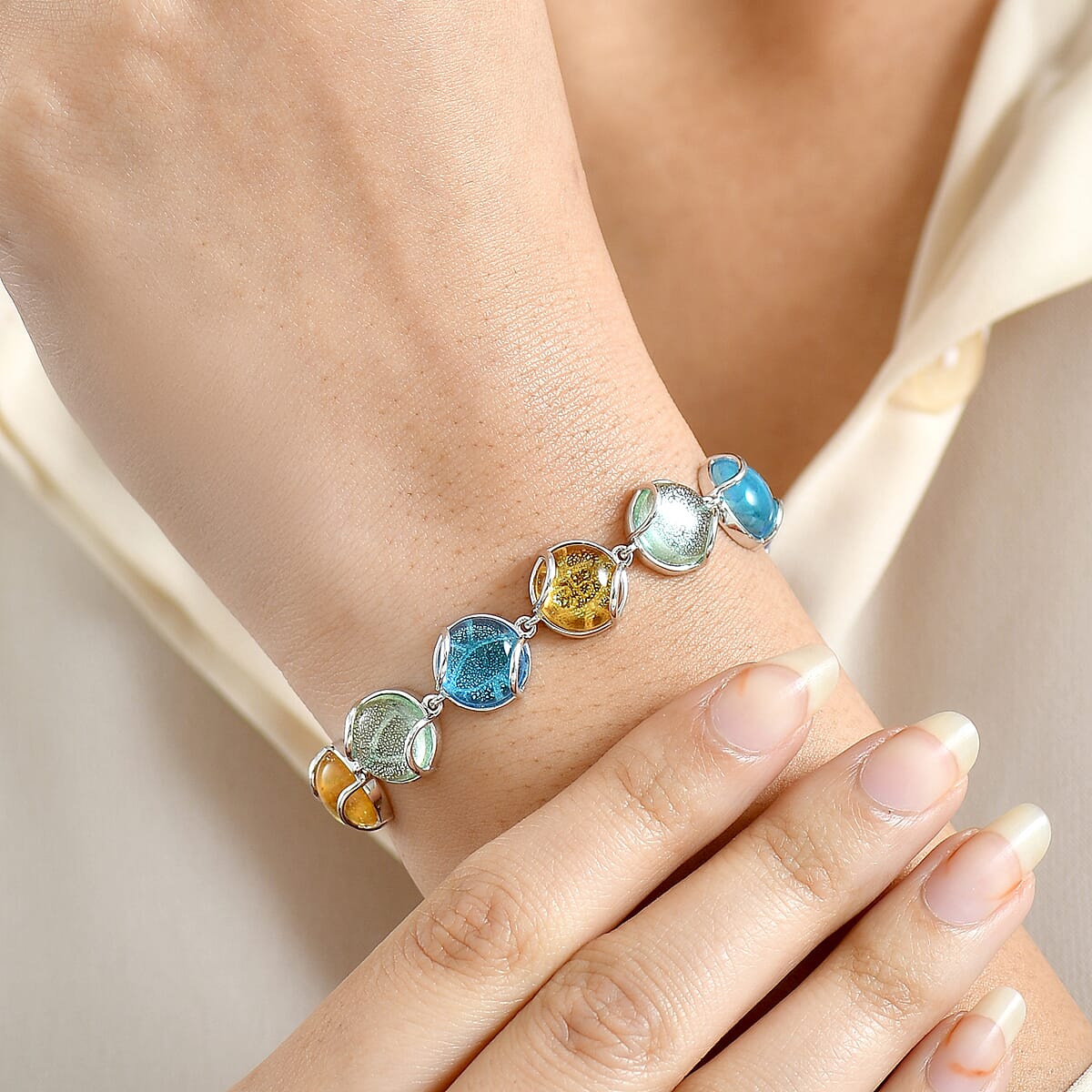 GP Italian Garden Special Multi Color Murano Style Bracelet in Rhodium Over Sterling Silve (7.25 In) image number 2