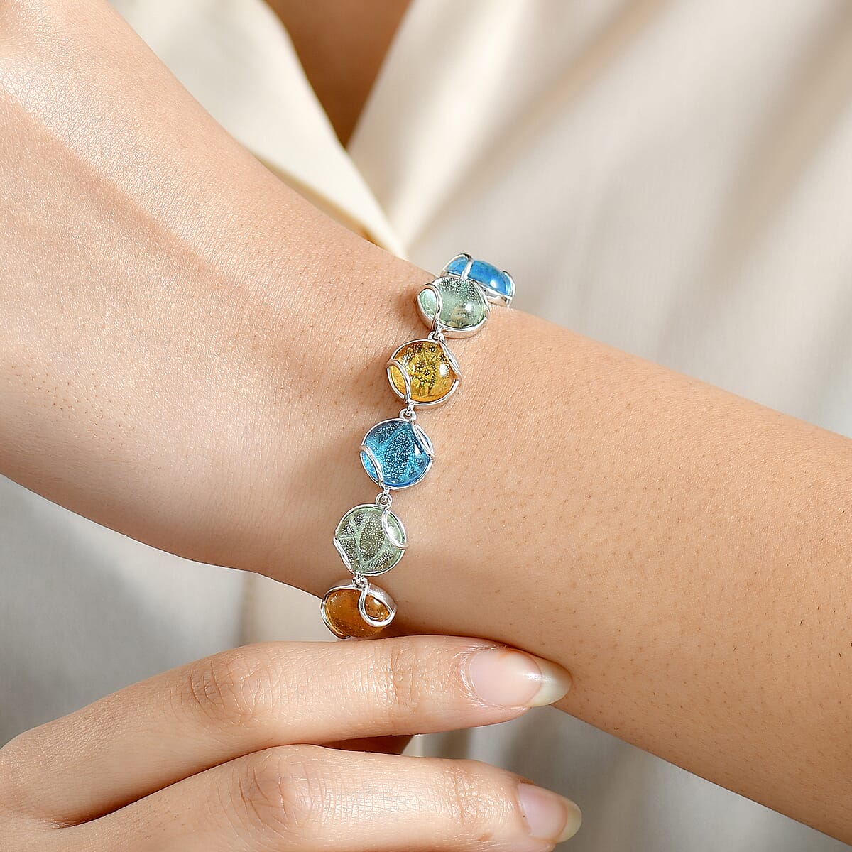 GP Italian Garden Special Multi Color Murano Style Bracelet in Rhodium Over Sterling Silve (7.25 In) image number 3
