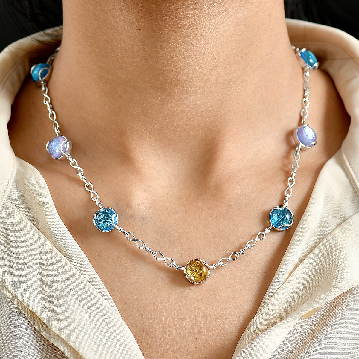 GP Italian Garden Special Multi Color Murano Style Necklace in Rhodium Over Sterling Silver 18- 20 Inches (Del. in 12-15 Days)  image number 2