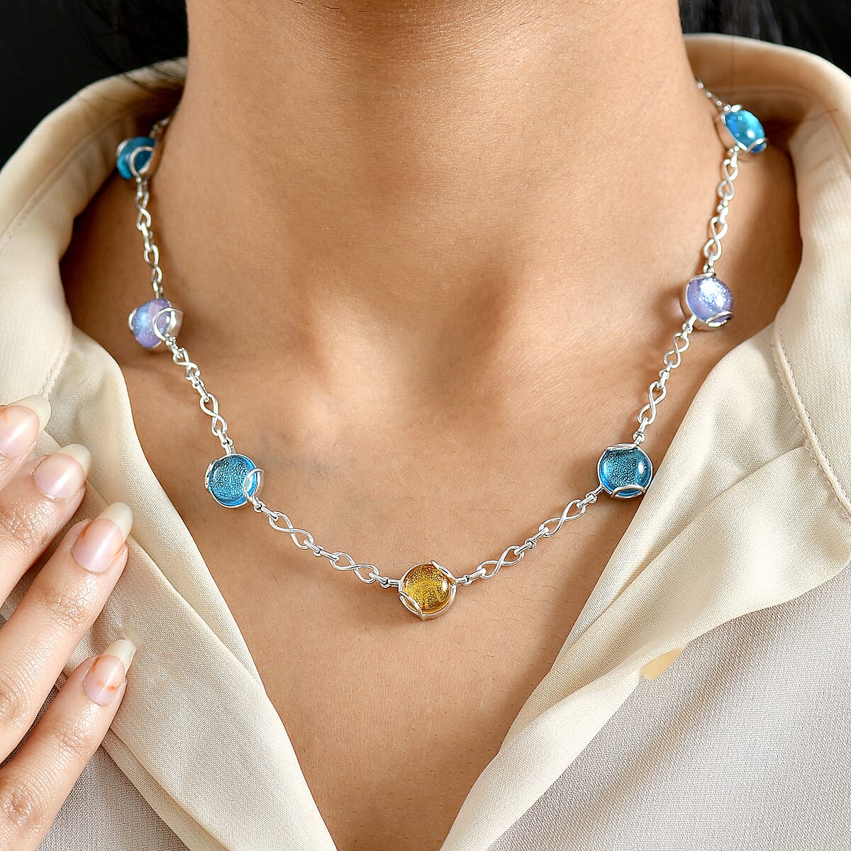 GP Italian Garden Special Multi Color Murano Style Necklace in Rhodium Over Sterling Silver 18- 20 Inches (Del. in 12-15 Days)  image number 3