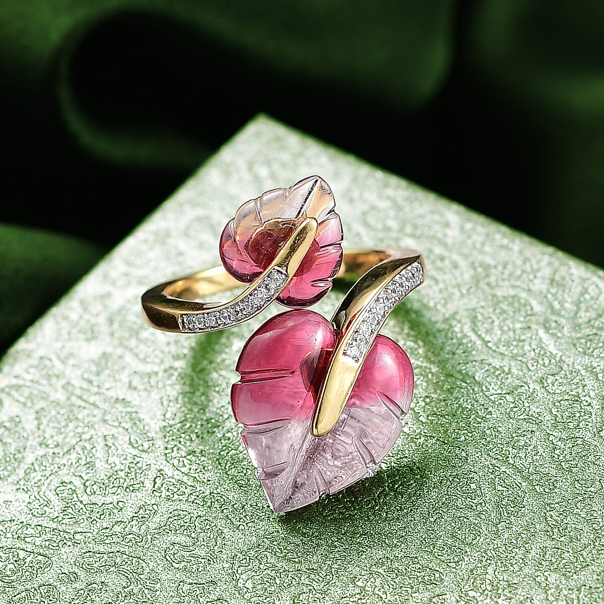 GP Italian Garden Special Murano Collection Pink Bi Color Glass and White Zircon 0.20 ctw Ring in 18K Vermeil Yellow Gold Over Sterling Silver (Size 10.0) (Del. in 12-15 Days)  image number 1