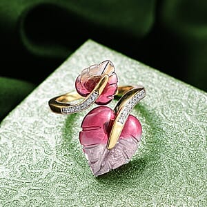 GP Italian Garden Special Murano Collection Pink Bi Color Glass, White Zircon Ring in 18K Vermeil YG Over Sterling Silver 0.20 ctw (Size 10.0)
