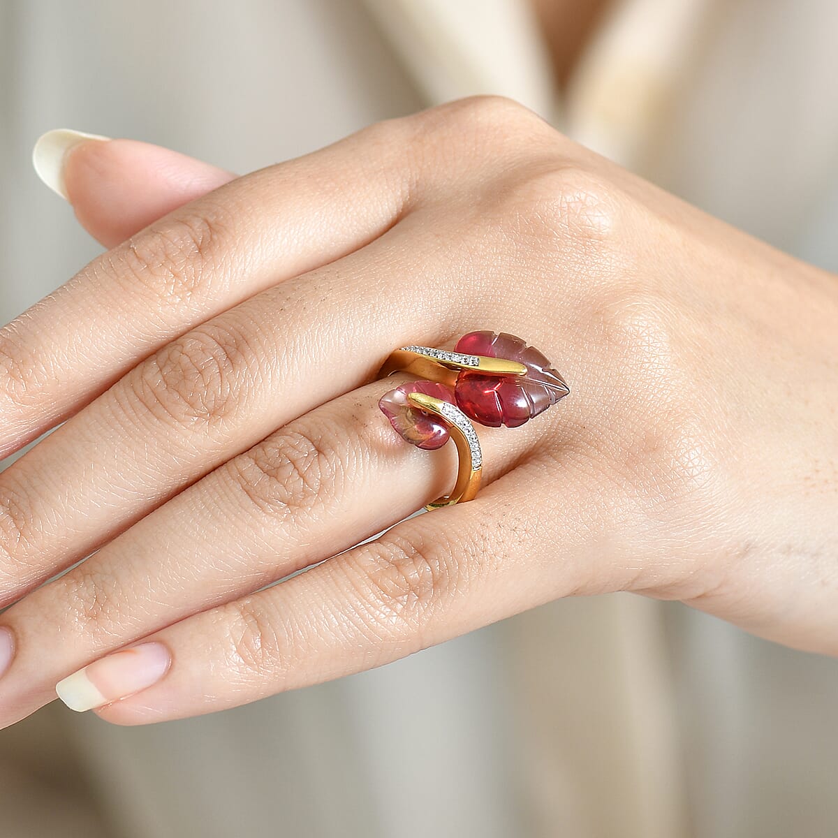 GP Italian Garden Special Murano Collection Pink Bi Color Glass and White Zircon 0.20 ctw Ring in 18K Vermeil Yellow Gold Over Sterling Silver (Size 10.0) (Del. in 12-15 Days)  image number 2