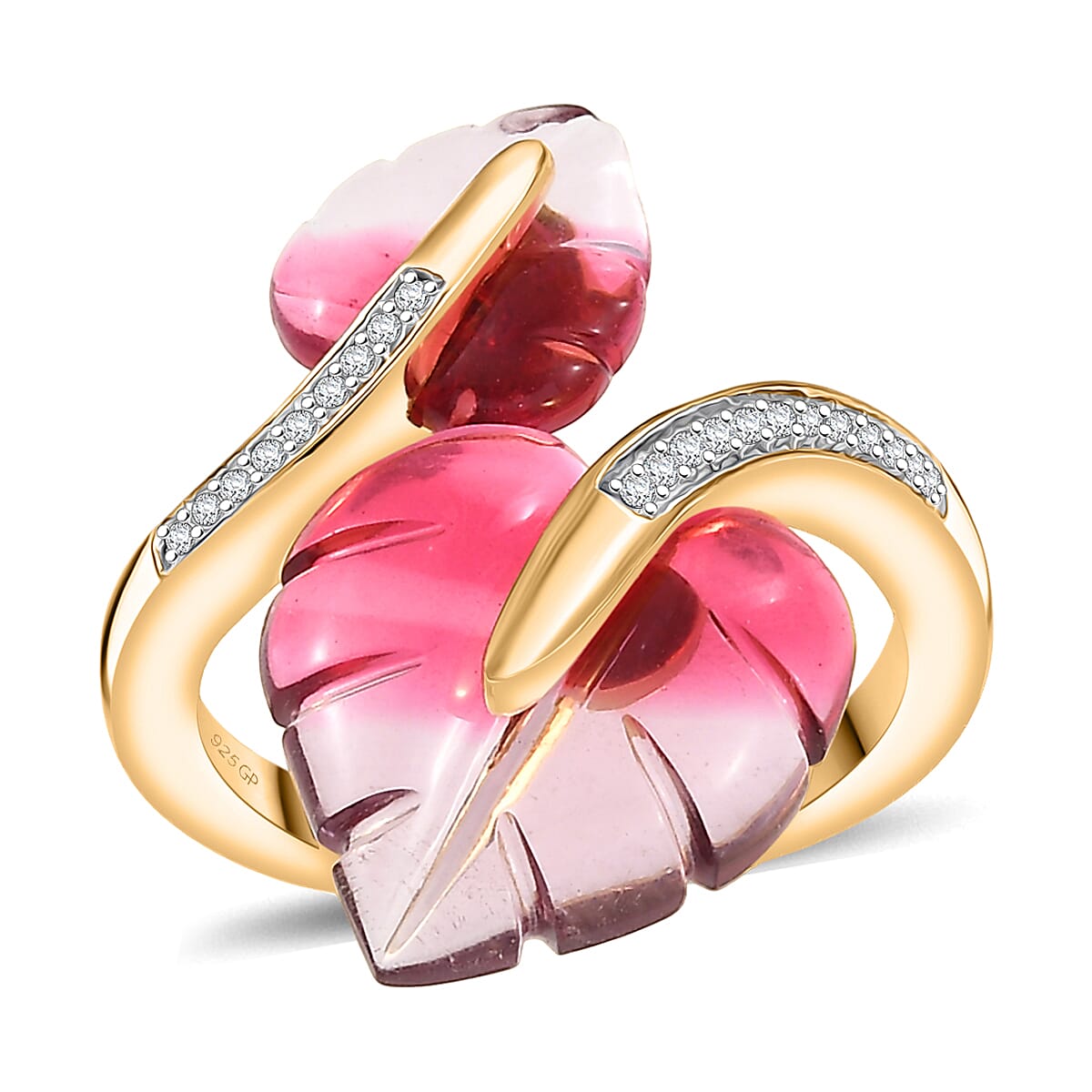 GP Italian Garden Special Murano Collection Pink Bi Color Glass, White Zircon Ring in 18K Vermeil YG Over Sterling Silver (Size 10.0) (Del. in 12-15 Days) 0.20 ctw