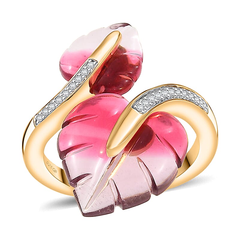 GP Italian Garden Special Murano Collection Pink Bi Color Glass, White Zircon Ring in 18K Vermeil YG Over Sterling Silver 0.20 ctw (Size 5.0)