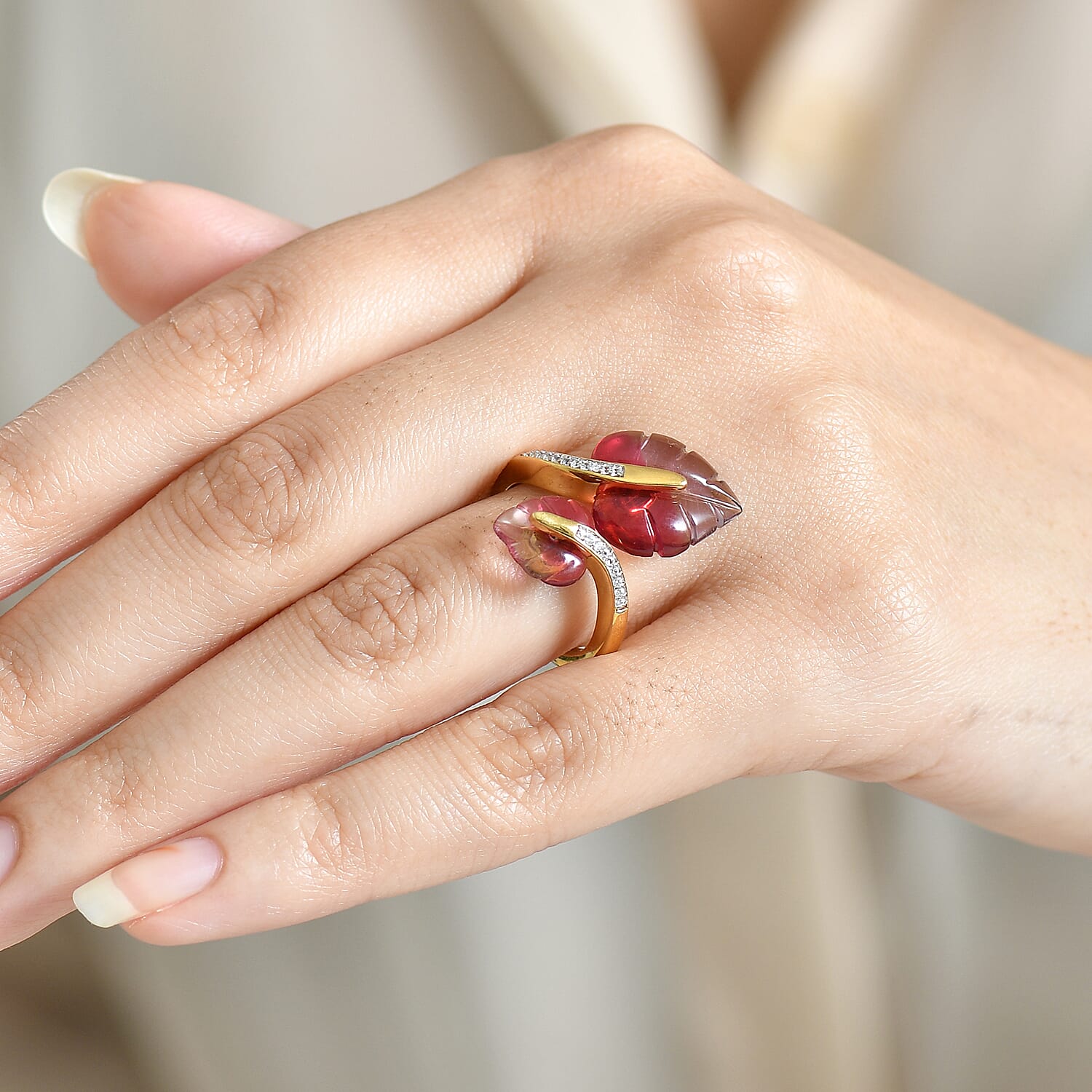 GP Italian Garden Special Murano Collection Pink Bi Color Glass, White Zircon Ring in 18K Vermeil YG Over Sterling Silver 0.20 ctw (Size 5.0)
