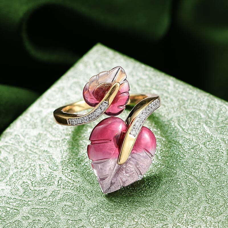 GP Italian Garden Special Murano Collection Pink Bi Color Glass, White Zircon Ring in 18K Vermeil YG Over Sterling Silver 0.20 ctw (Size 6.0)