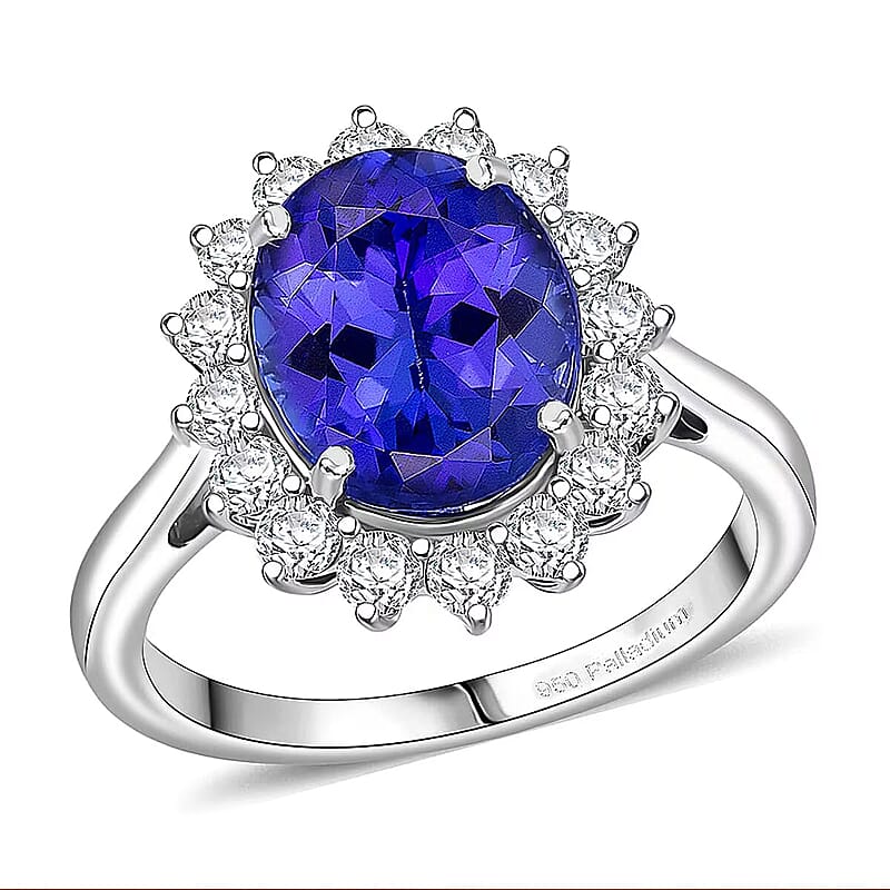 AAAA Tanzanite, Diamond Floral Ring in 950 Palladium 4.50 ctw (Size 6.0)