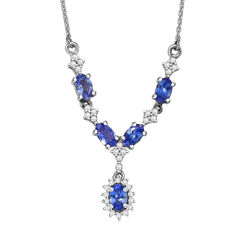 D'Joy AAA Tanzanite, White Zircon Necklace in Rhodium Over Sterling Silver 1.85 ctw (18-20 Inches)