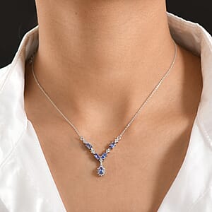 D'Joy AAA Tanzanite, White Zircon Necklace in Rhodium Over Sterling Silver 1.85 ctw (18-20 Inches)