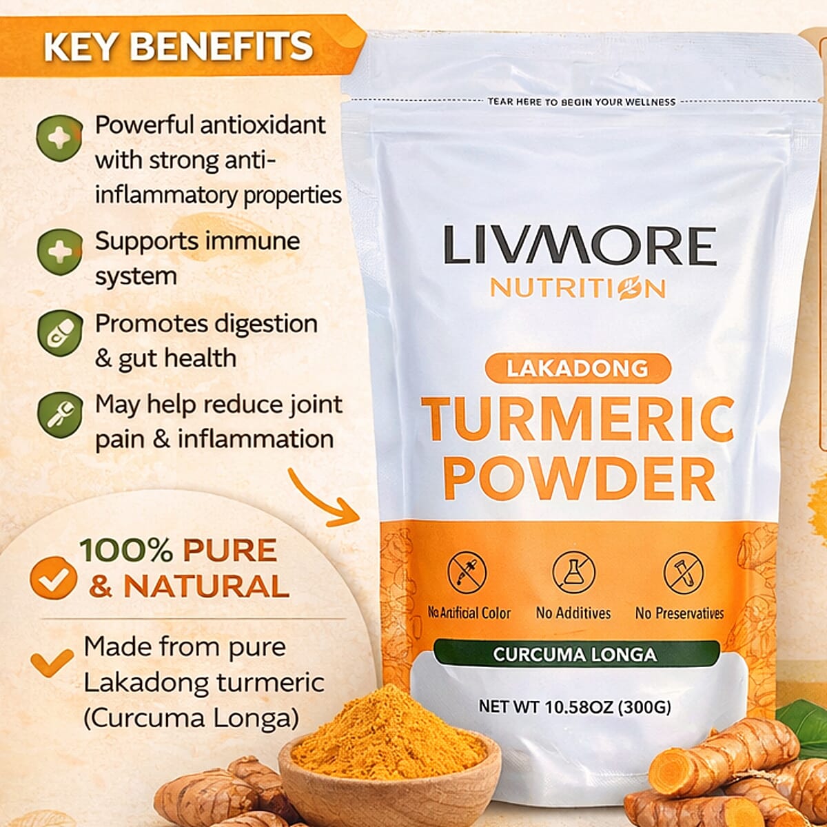 Livmore Nutrition Turmeric Powder 10.58oz image number 3